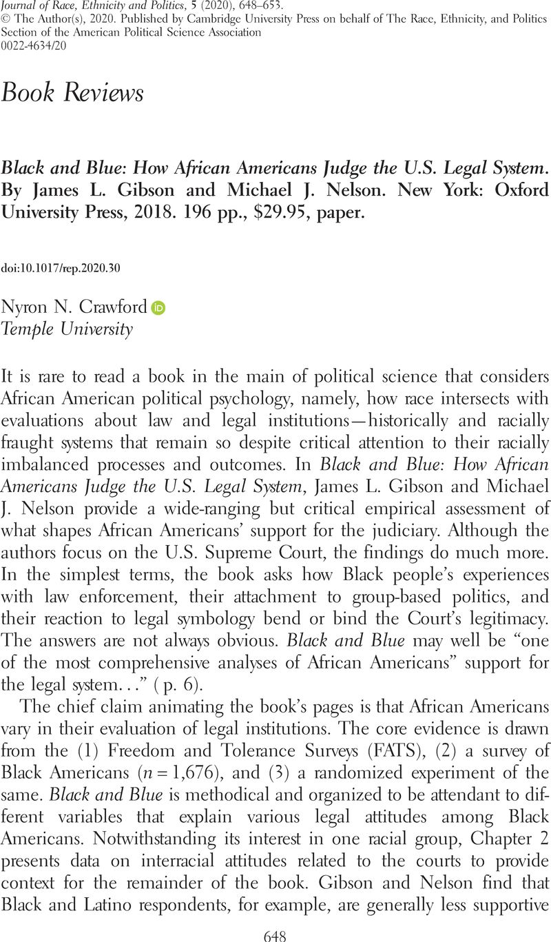 Black And Blue How African Americans Judge The U S Legal System By James L Gibson And Michael J Nelson New York Oxford University Press 18 196 Pp 29 95 Paper Journal Of