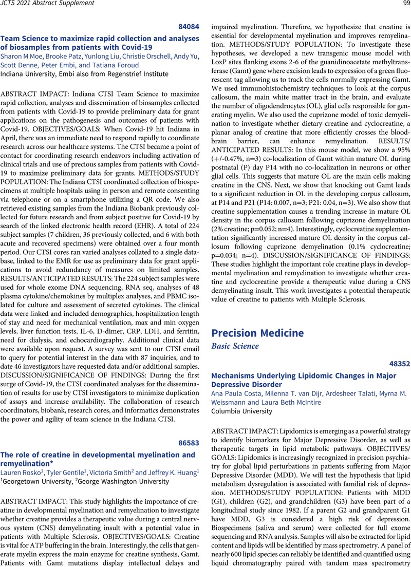 865 The Role Of Creatine In Developmental Myelination And Remyelination Journal Of Clinical And Translational Science Cambridge Core