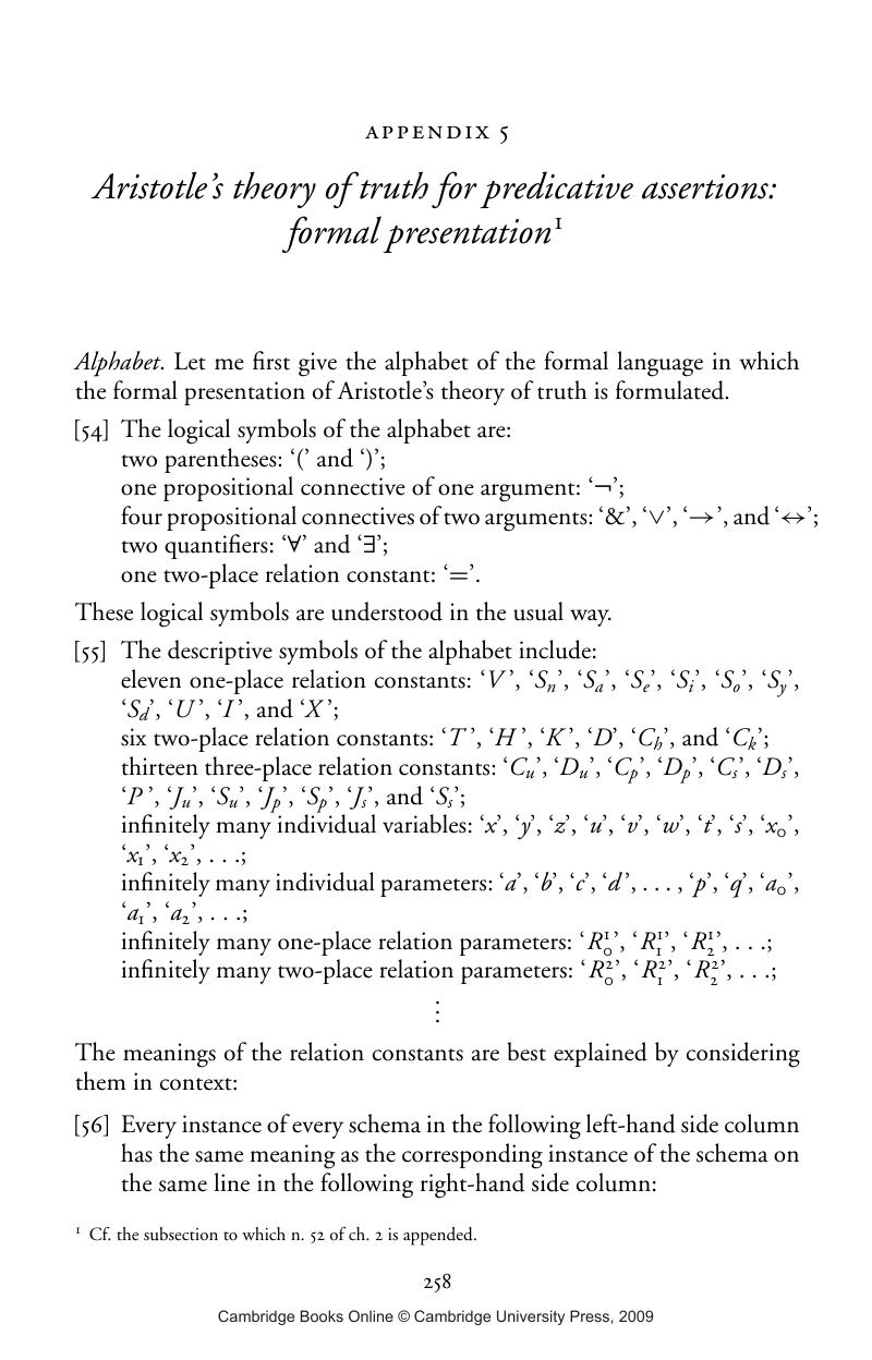Aristotle's theory of truth for predicative formal presentation (Appendix - on