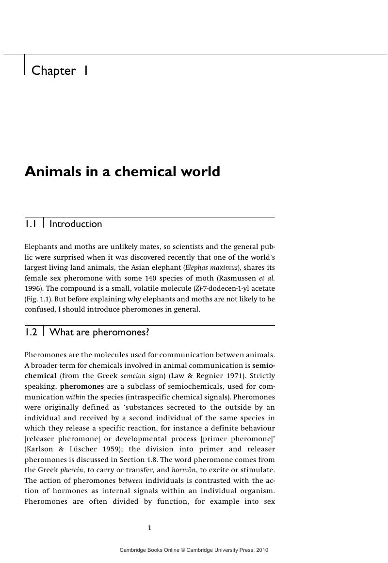 Animals in a chemical world (Chapter 1) - Pheromones and Animal Behaviour