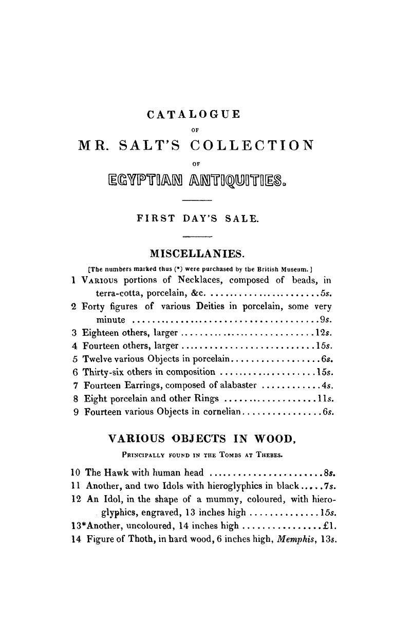 Catalogue Of Mr Salts Collection Of Egyptian Antiquities - A Brief Account Of The Researches And Discoveries In Upper Egypt Made Under The Direction Of Henry Salt Esq