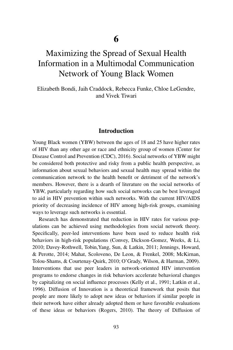 Maximizing the Spread of Sexual Health Information in a Multimodal Communication Network of Young Black Women (Chapter 6) photo