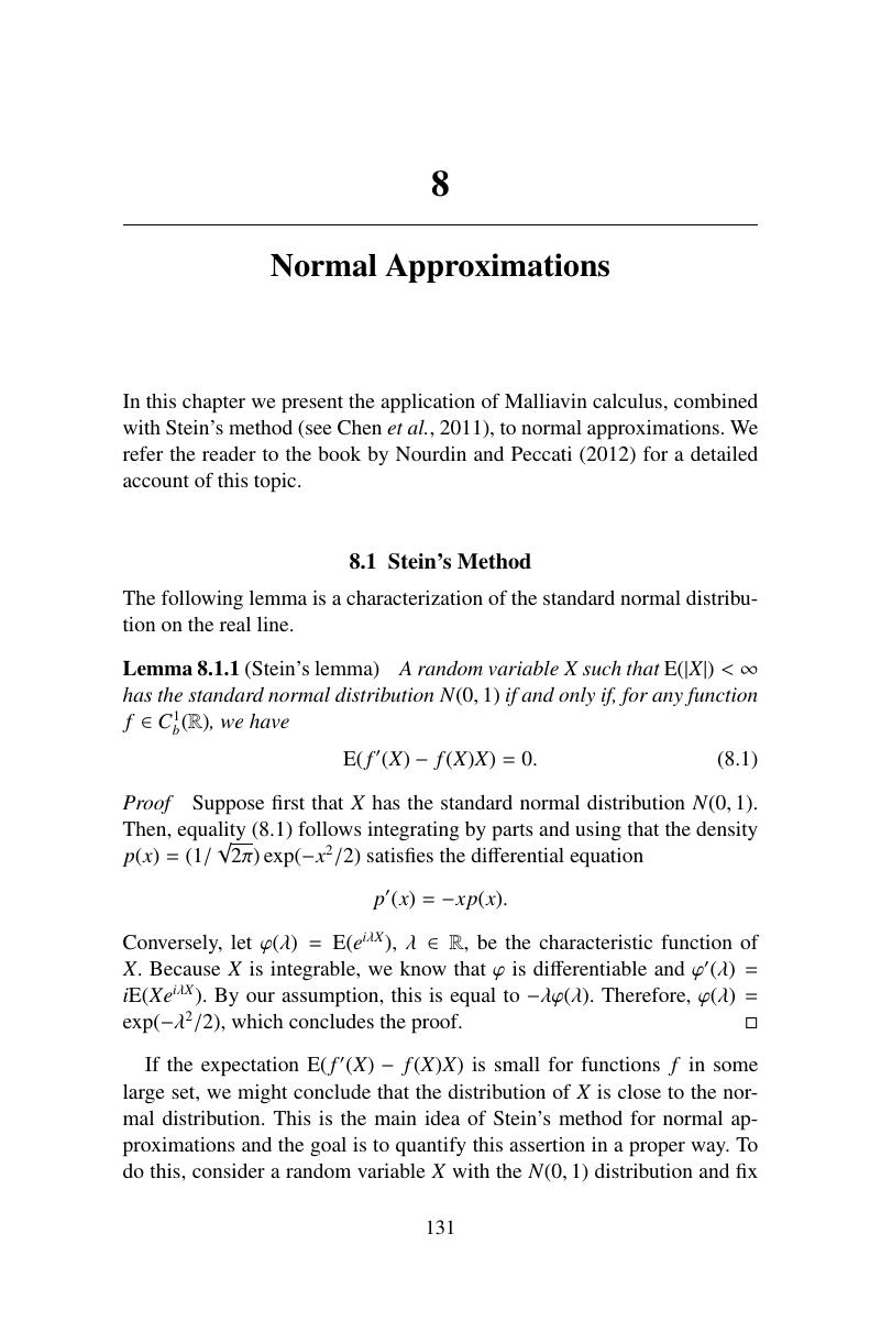 Normal Approximations Chapter 8 Introduction To Malliavin Calculus