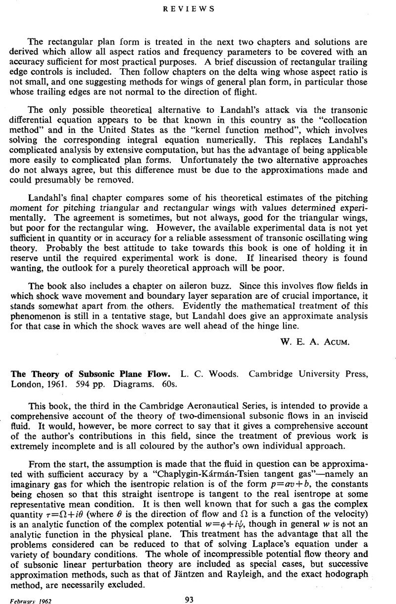 The Theory Of Subsonic Plane Flow. L. C. Woods. Cambridge University 