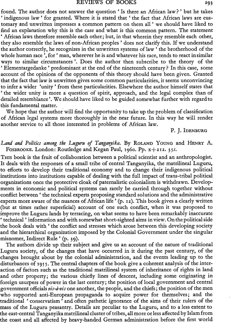 Land and Politics among the Luguru of Tanganyika. By Roland Young and ...