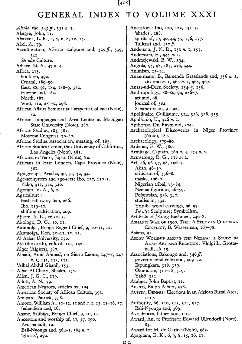 General Index to Volume XXXI | Africa | Cambridge Core