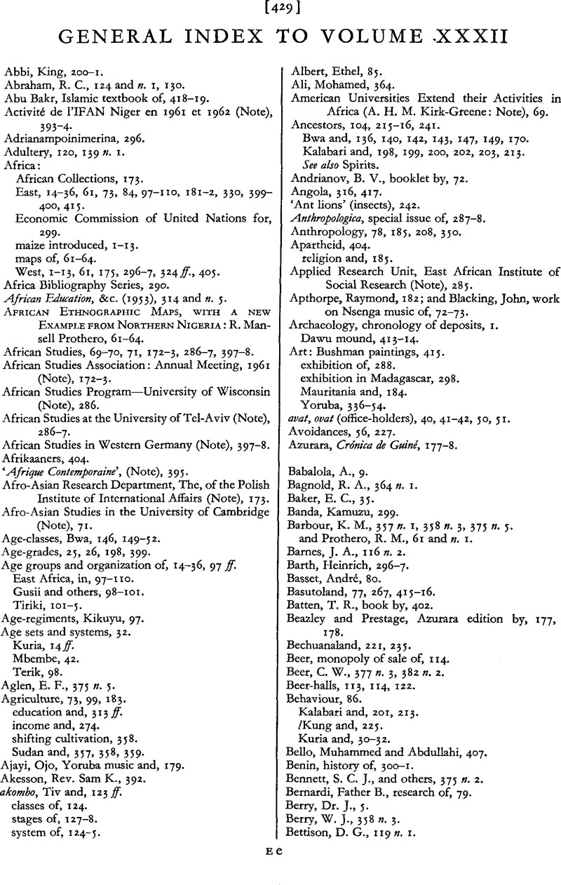 General Index to Volume XXXII | Africa | Cambridge Core