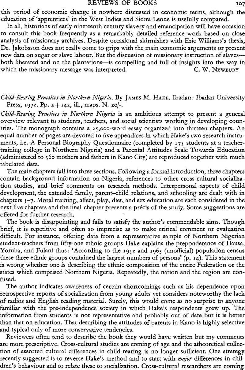 Child-Rearing Practices in Northern Nigeria. By James M. Hake. Ibadan ...