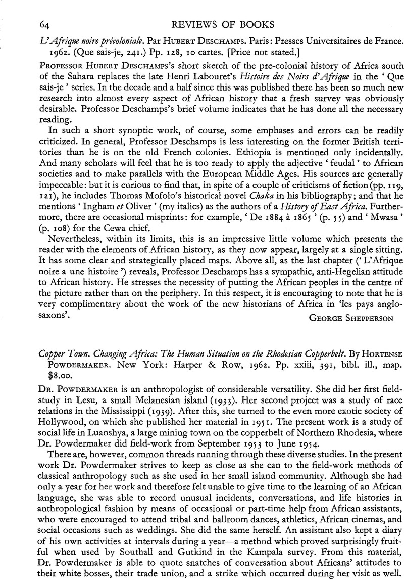 George Shepperson L'Afrique noire précoloniale. Par Hubert Deschamps. Paris: Presses ...