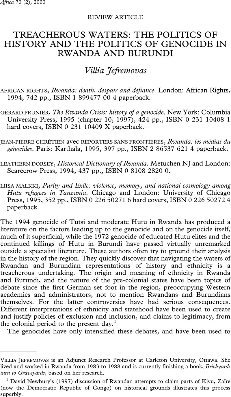 Treacherous Waters The Politics of History and the Politics of Genocide in Rwanda and Burundi