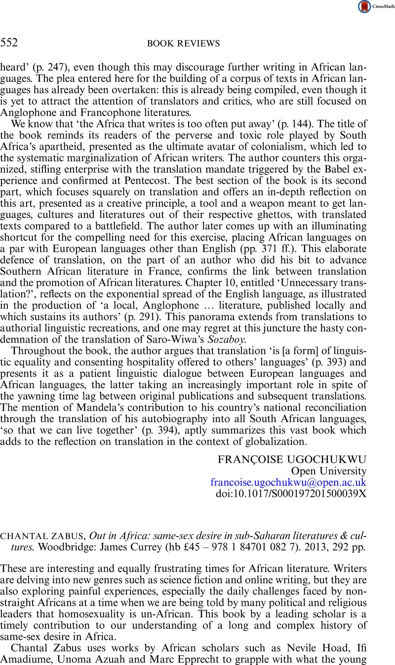 CHANTAL ZABUS, Out in Africa: same-sex desire in sub-Saharan ...