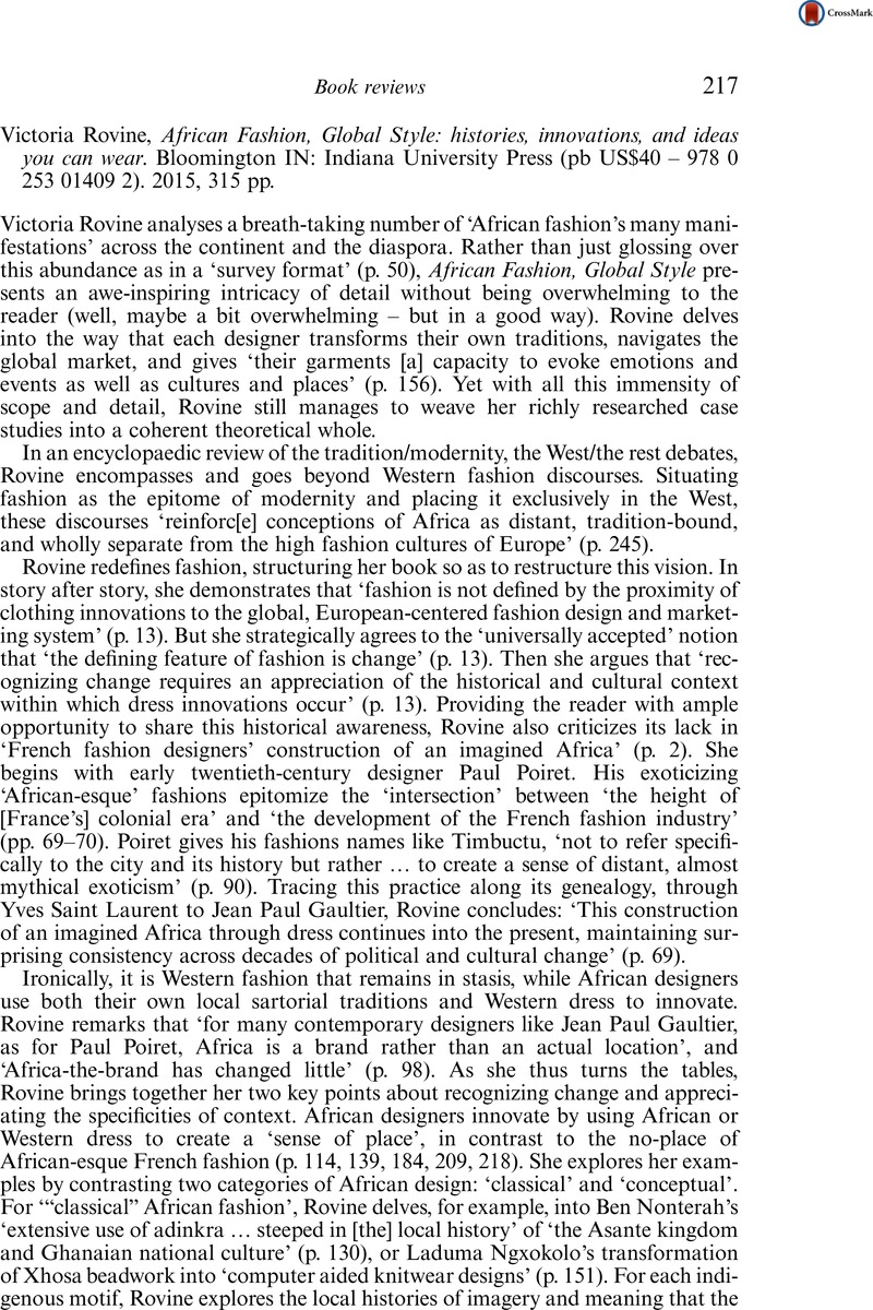 Victoria Rovine , African Fashion, Global Style histories, innovations