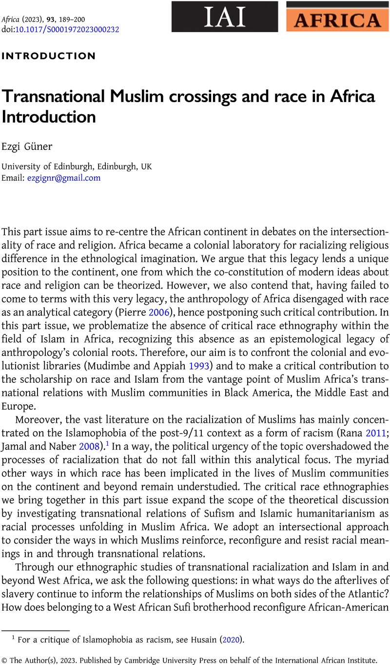 Transnational Muslim crossings and race in Africa: Introduction ...