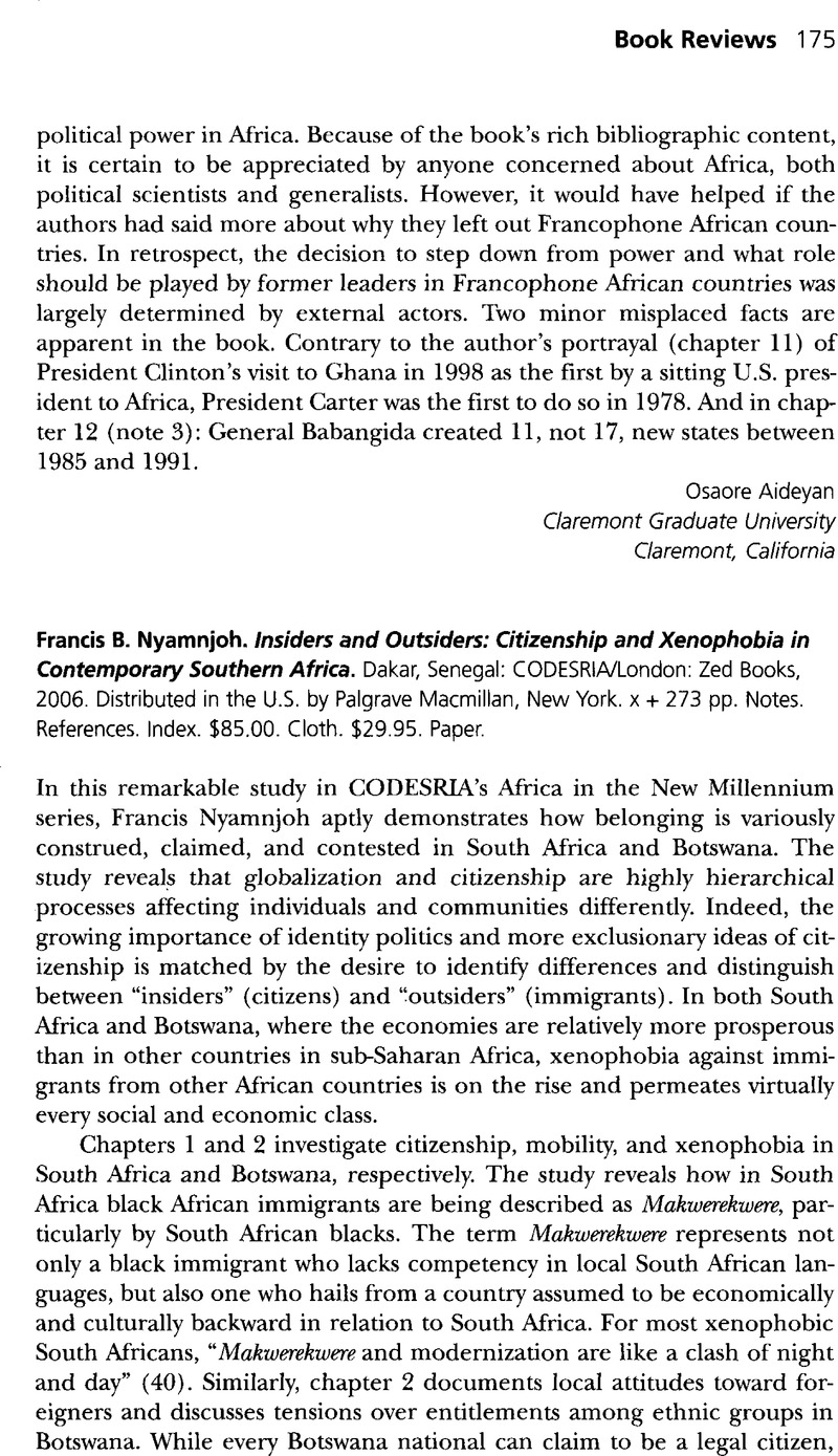 Francis B. Nyamnjoh. Insiders And Outsiders: Citizenship And Xenophobia ...