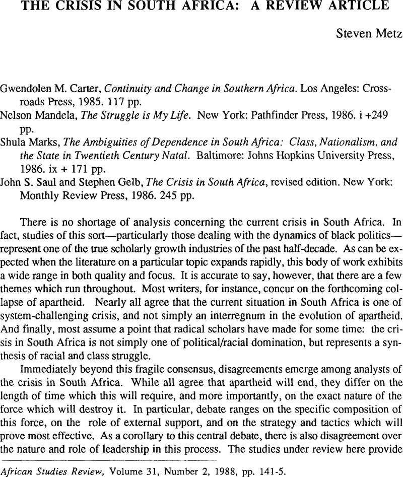 The Crisis in South Africa A Review Article African Studies Review