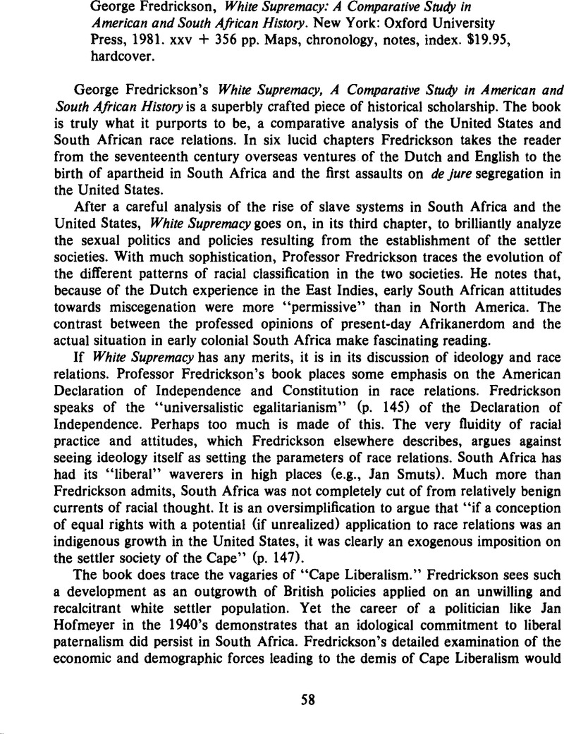 George Fredrickson, White Supremacy: A Comparative Study in American ...