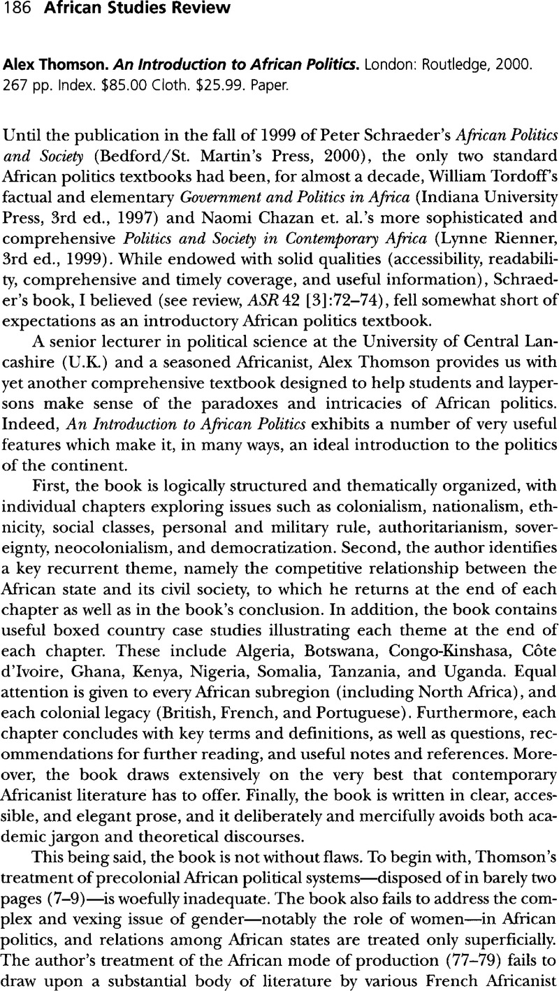 Alex Thomson. An Introduction To African Politics. London: Routledge ...