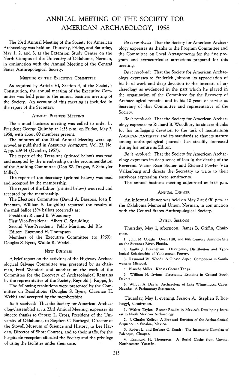 Annual Meeting of the Society for American Archaeology, 1958 American