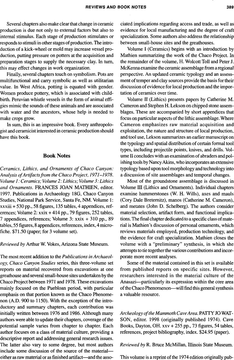 Archeology Of The Mammoth Cave Area. Patty Jo Watson, Editor. 1998 ...