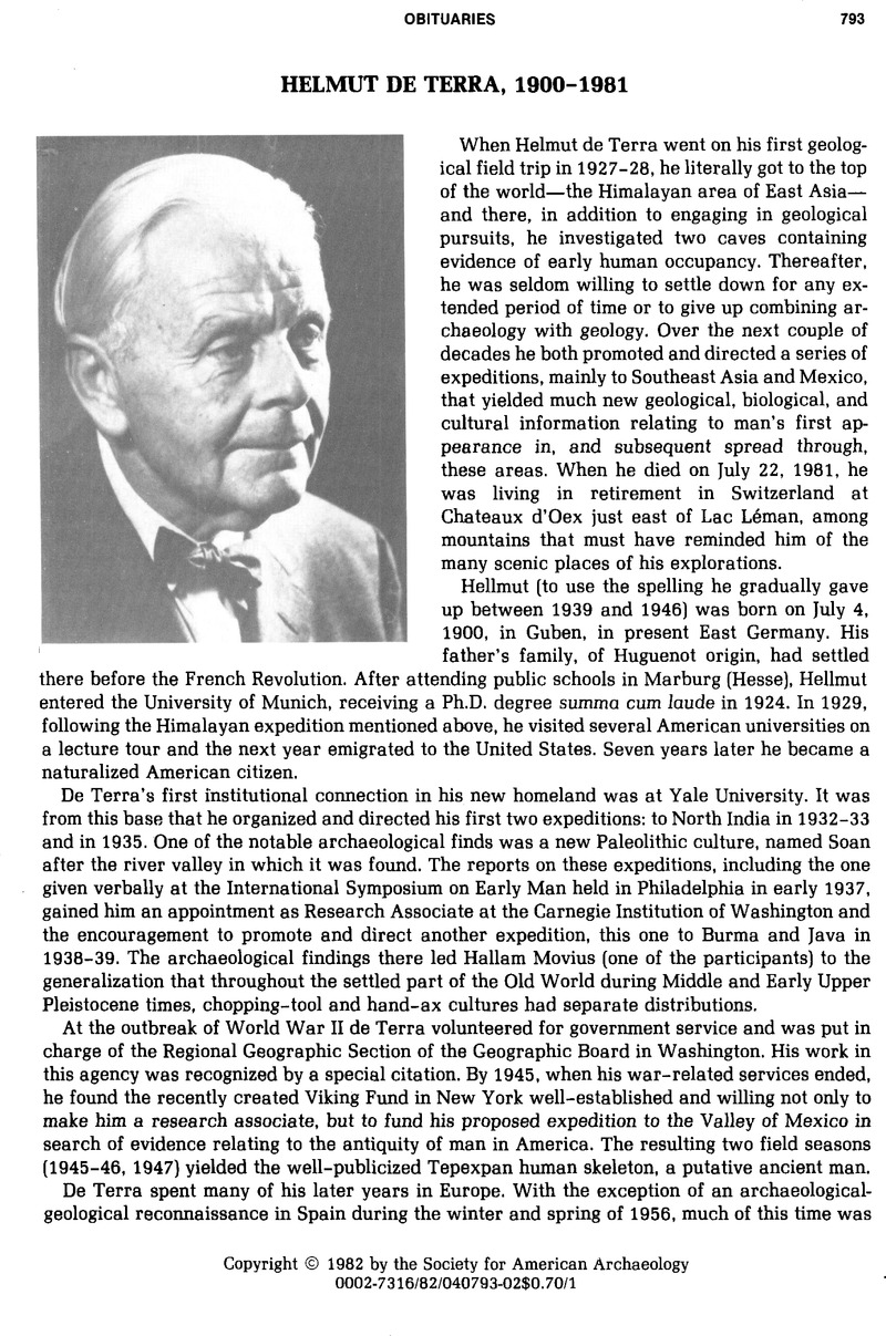 Helmut de Terra, 1900–1981 | American Antiquity | Cambridge Core