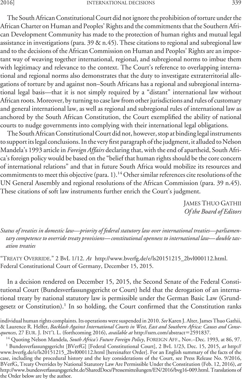 “Treaty Override” | American Journal Of International Law | Cambridge Core