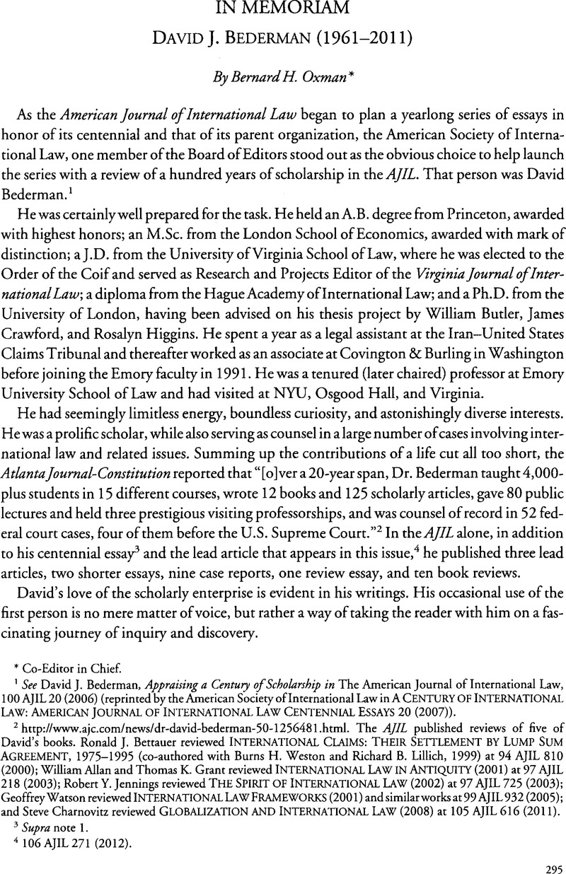 David J. Bederman (1961–2011) | American Journal Of International Law ...