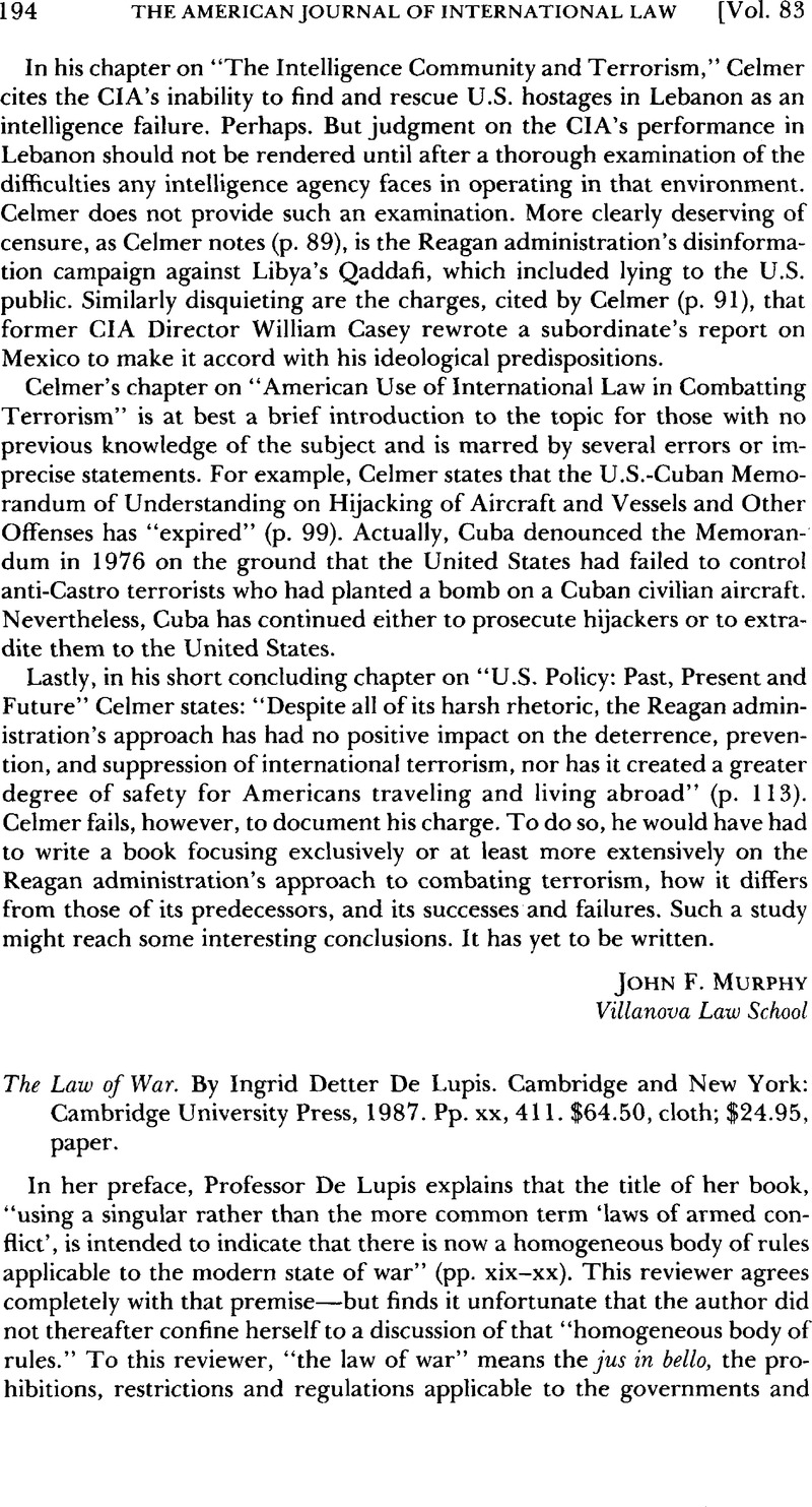 The Law of War. By Ingrid Detter De Lupis. Cambridge and New York ...