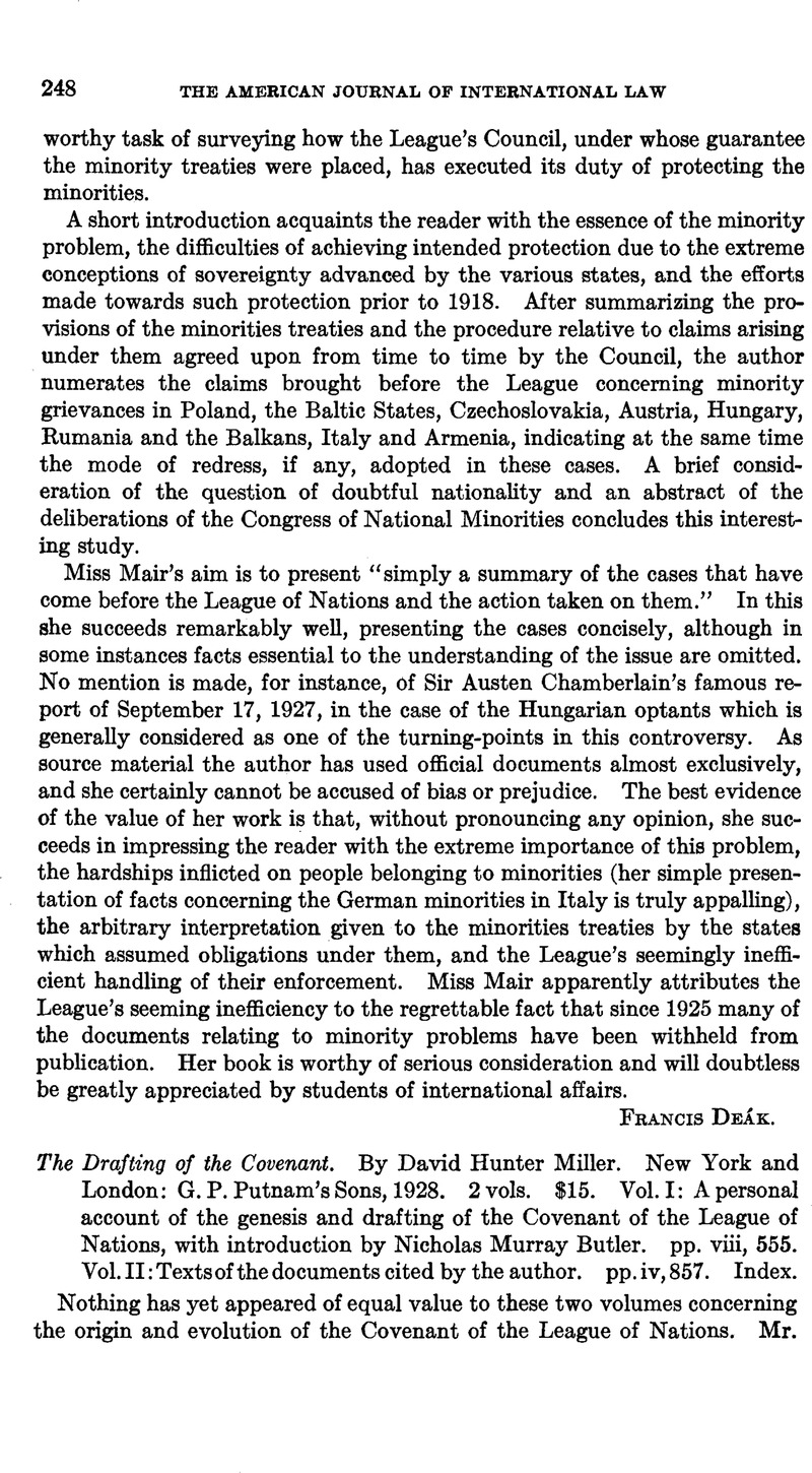 The Drafting of the Covenant. By David Hunter Miller. New York and ...