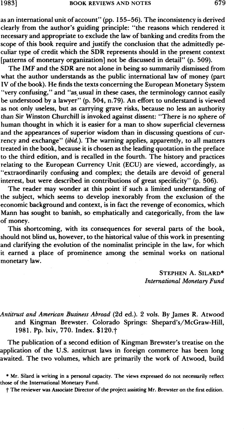 Antitrust and American Business Abroad (2d ed.). 2 vols. By James R. Atwood  and Kingman Brewster. Colorado Springs: Shepard's/McGraw-Hill, 1981. Pp.  lxiv, 770. Index. $120.† | American Journal of International Law |  Cambridge Core