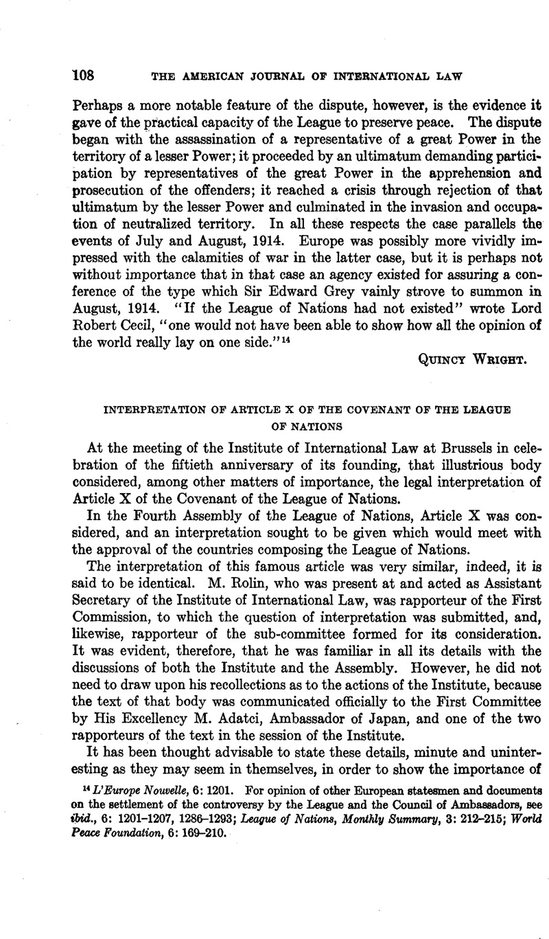 Interpretation Of Article X Of The Covenant Of The League Of Nations ...