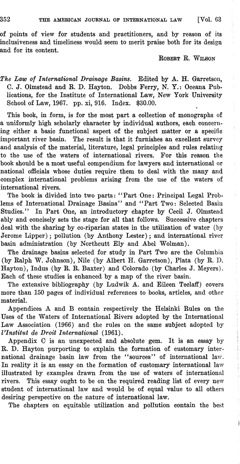 The Law of International Drainage Basins. Edited by A. H. Garretson, C ...