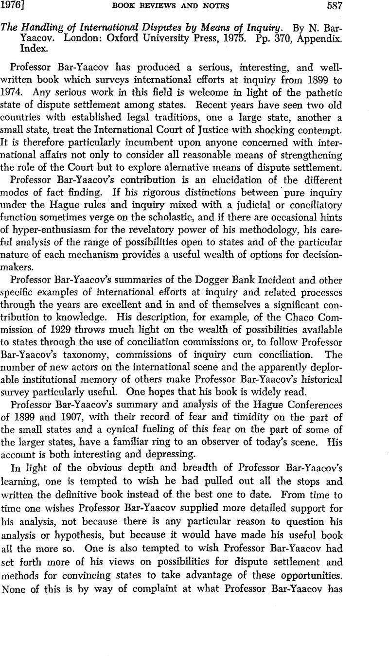 The Handling of International Disputes by Means of Inquiry. By N. Bar ...