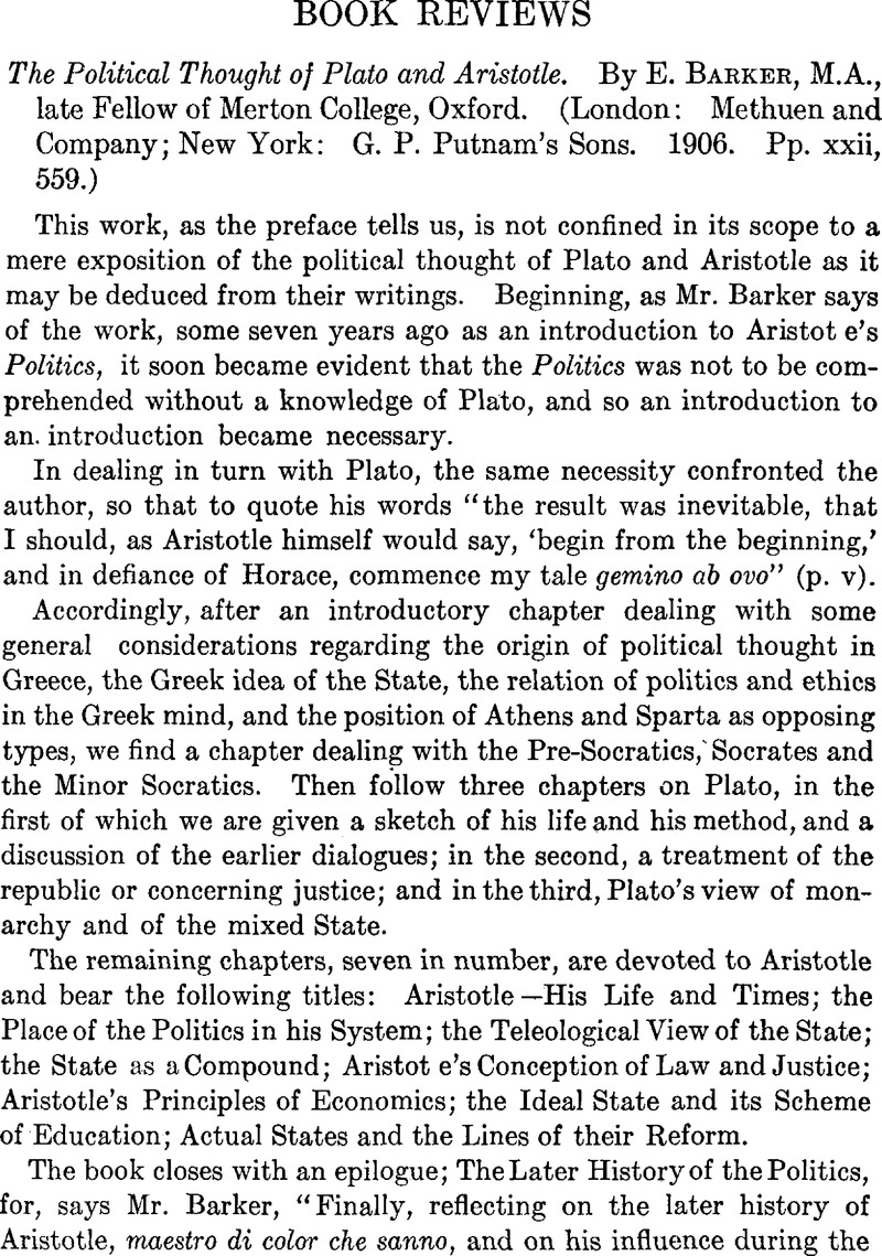 The Political Thought of Plato and Aristotle. By E. Barker M.A