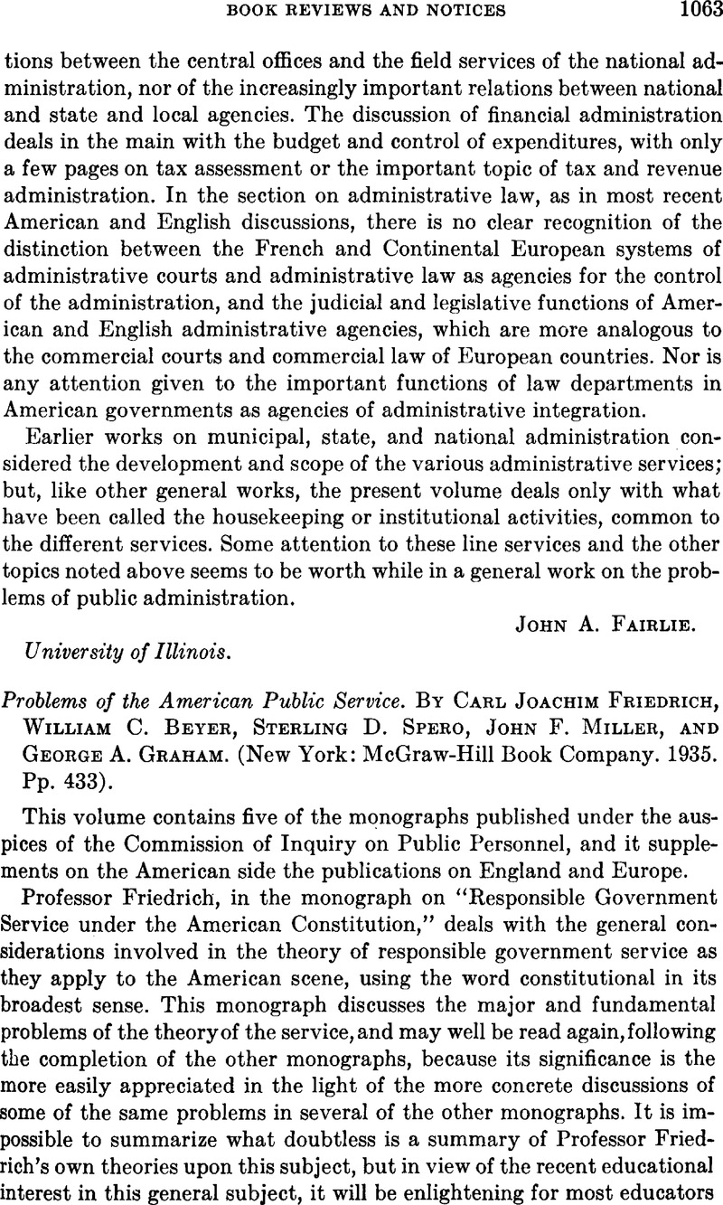 Problems of the American Public Service. By Carl Joachim Friedrich ...