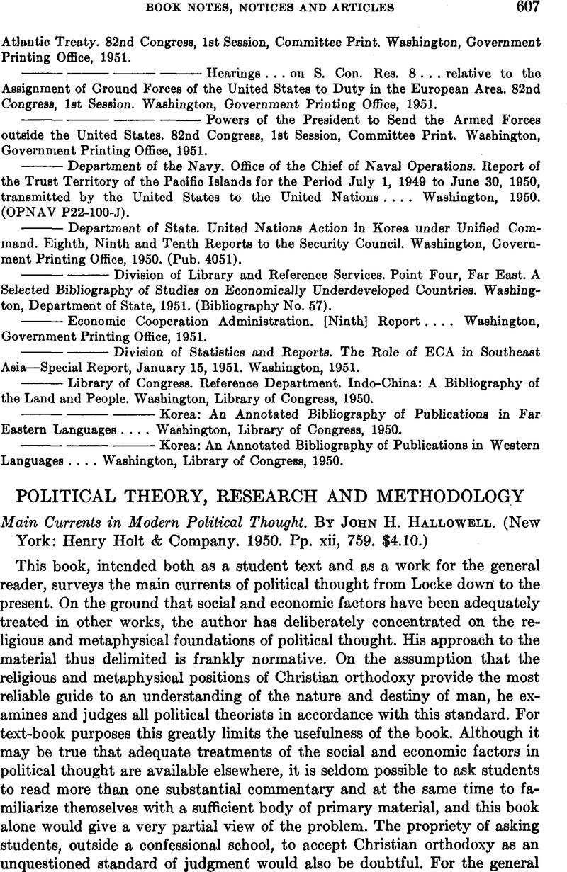 Main Currents in Modern Political Thought. By John H. Hallowell. (New ...