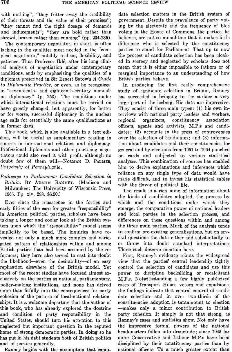 Pathways to Parliament: Candidate Selection in Britain. By Austin ...