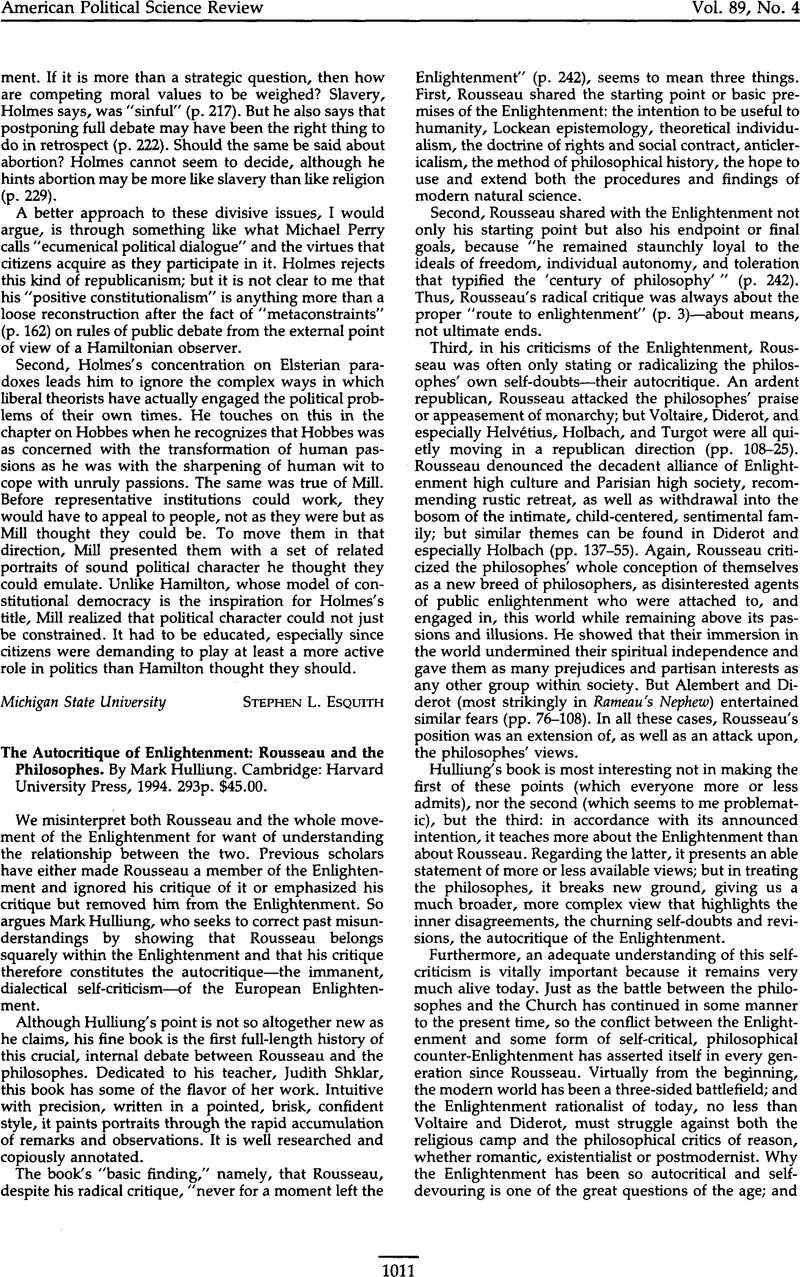 The Autocritique of Enlightenment: Rousseau and the Philosophes