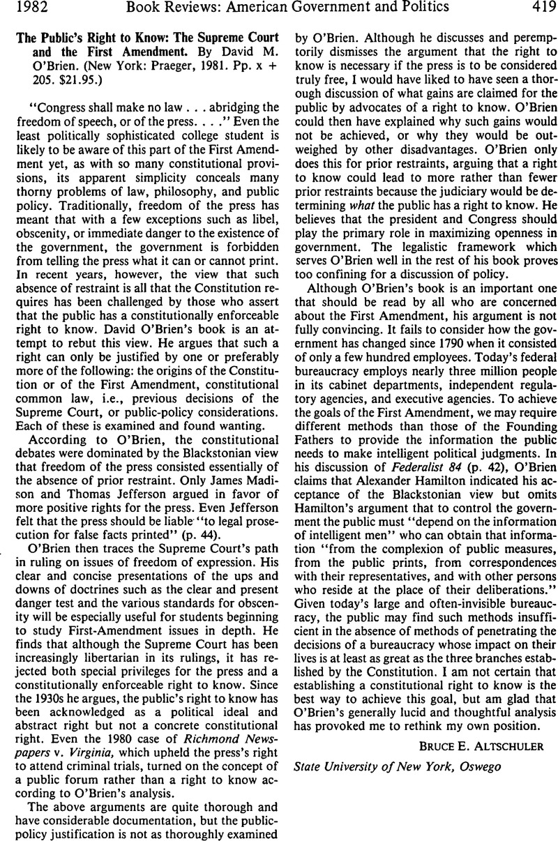 The Public's Right to Know The Supreme Court and the First Amendment