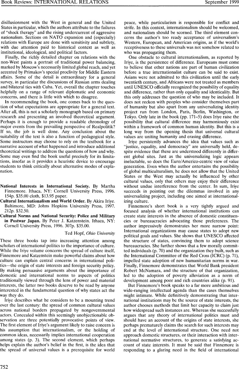 National Interests in International Society. By Martha Finnemore. Ithaca, NY: Cornell University ...