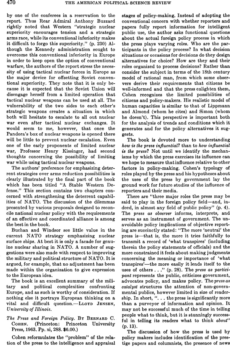 The Press and Foreign Policy. By Bernard C. Cohen. (Princeton