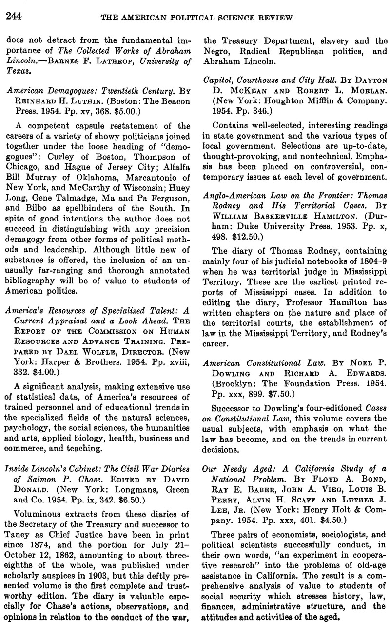 American Demagogues: Twentieth Century. By Reinhard H. Luthin. (Boston ...