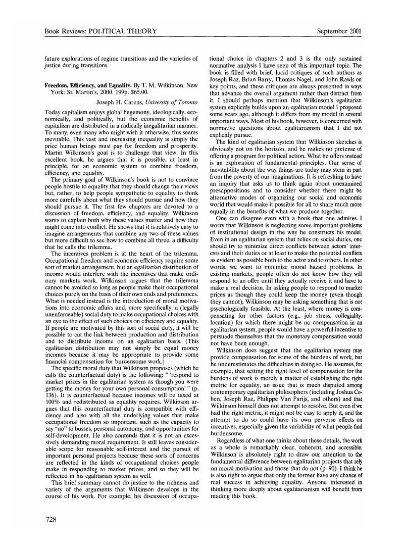Freedom, Efficiency and Equality