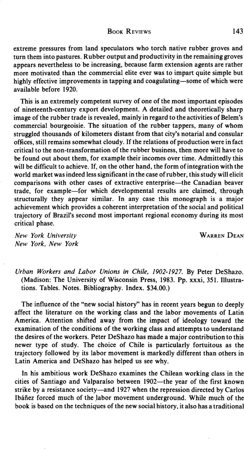 Urban Workers and Labor Unions in Chile, 1902-1927. By Peter DeShazo ...