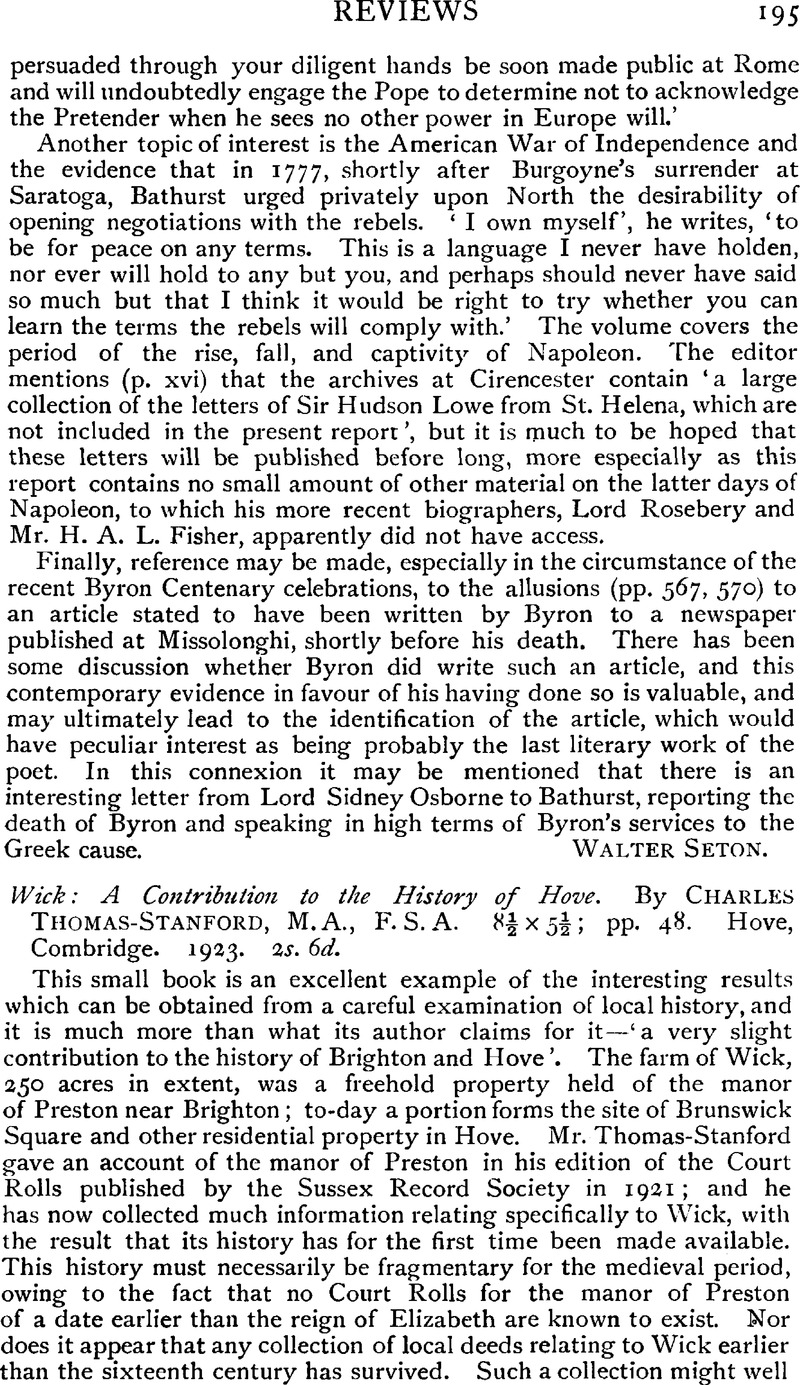 Wick: A Contribution to the History of Hove. By Charles Thomas-Stanford ...