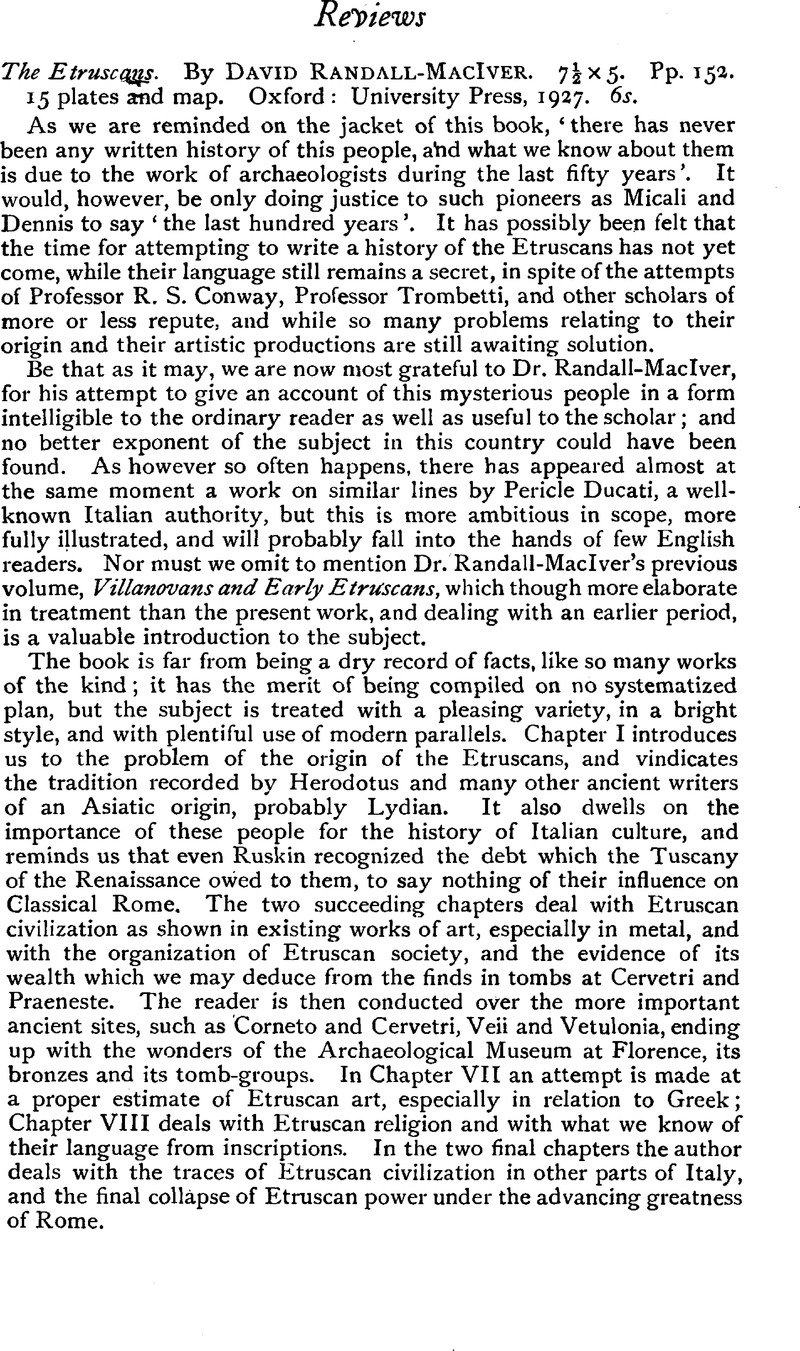 The Etruscans. By David Randall-MacIver. 7½ × 5. Pp. 153. 15 plates and ...