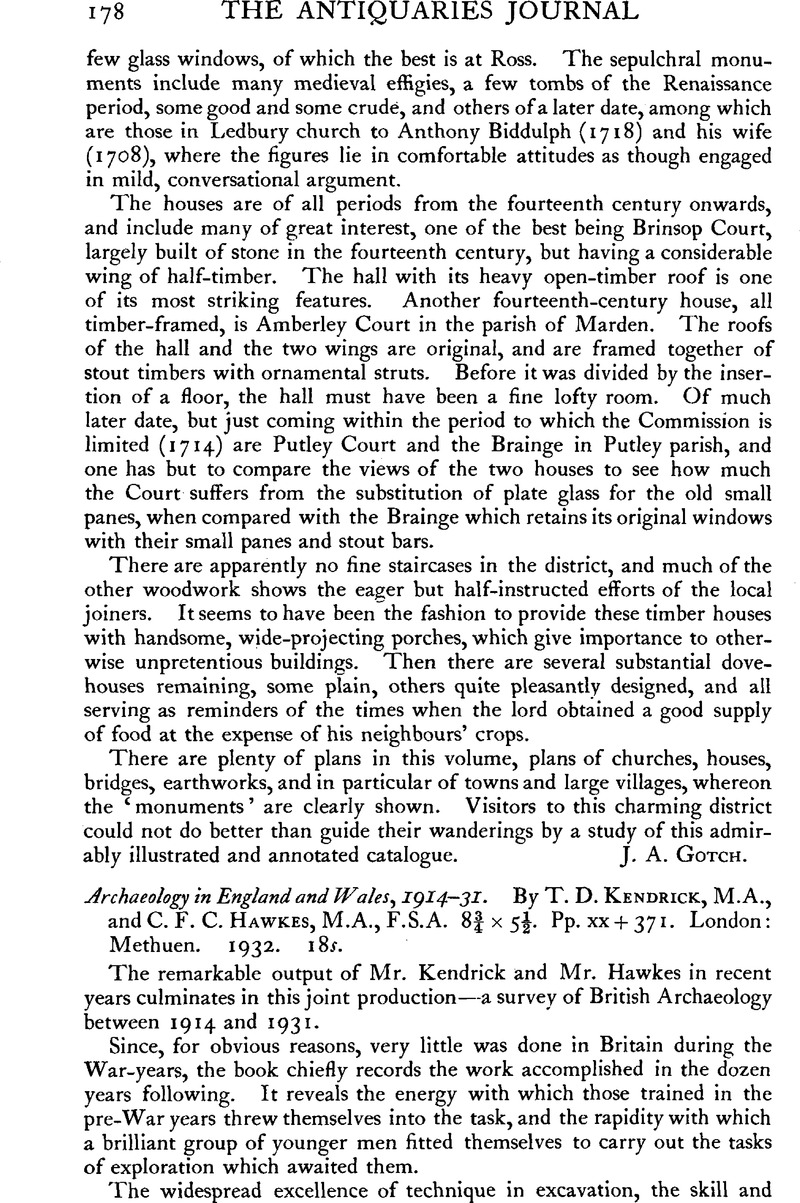 Archaeology in England and Wales, 1914–31. By T. D. Kendrick, M.A., and ...