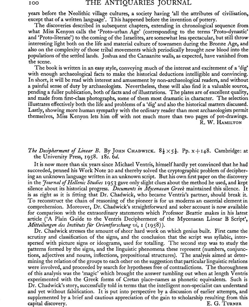 The Decipherment Of Linear B. By John Chadwick. 8½ × 5½. Pp. X + 148 ...