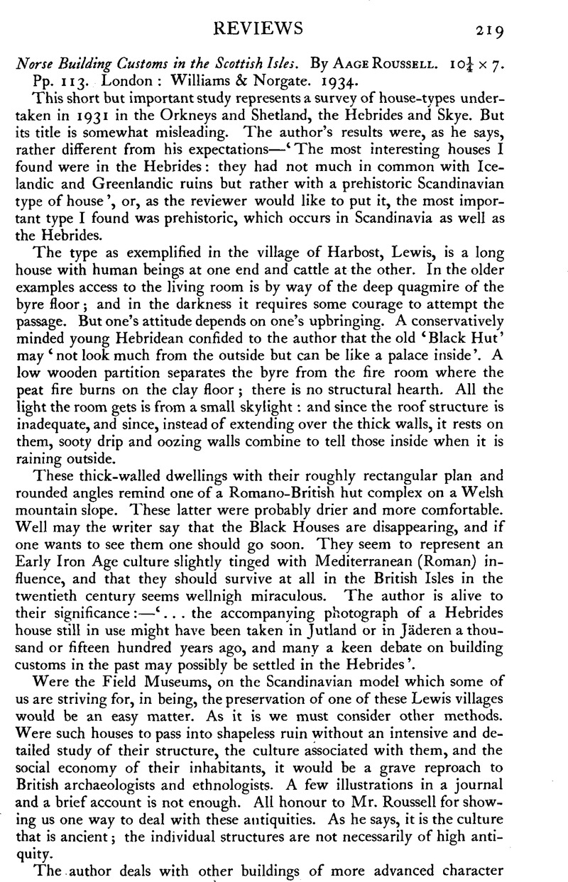 Norse Building Customs in the Scottish Isles. By Aage Roussell. 10¼ × 7 ...