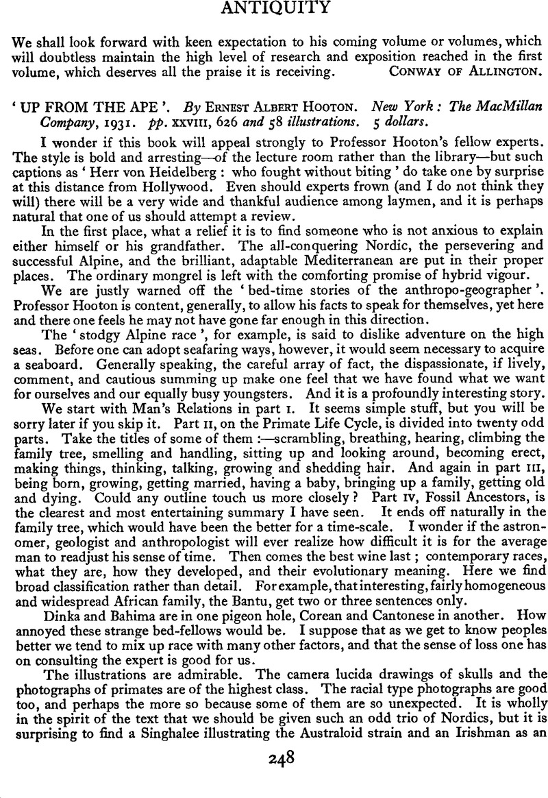 ‘UP FROM THE APE’. By Ernest Albert Hooton. New York The MacMillan