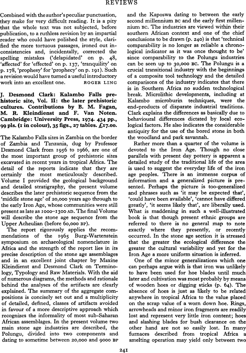 J. Desmond Clark: Kalambo Falls Prehistoric Site, Vol. Ii: The Later 